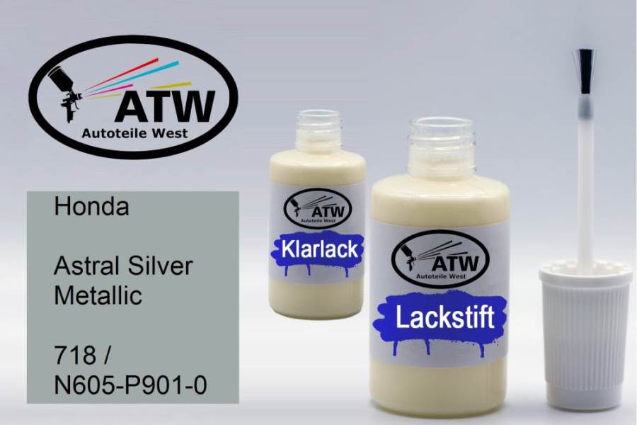 Honda, Astral Silver Metallic, 718 / N605-P901-0: 20ml Lackstift + 20ml Klarlack - Set, von ATW Autoteile West.